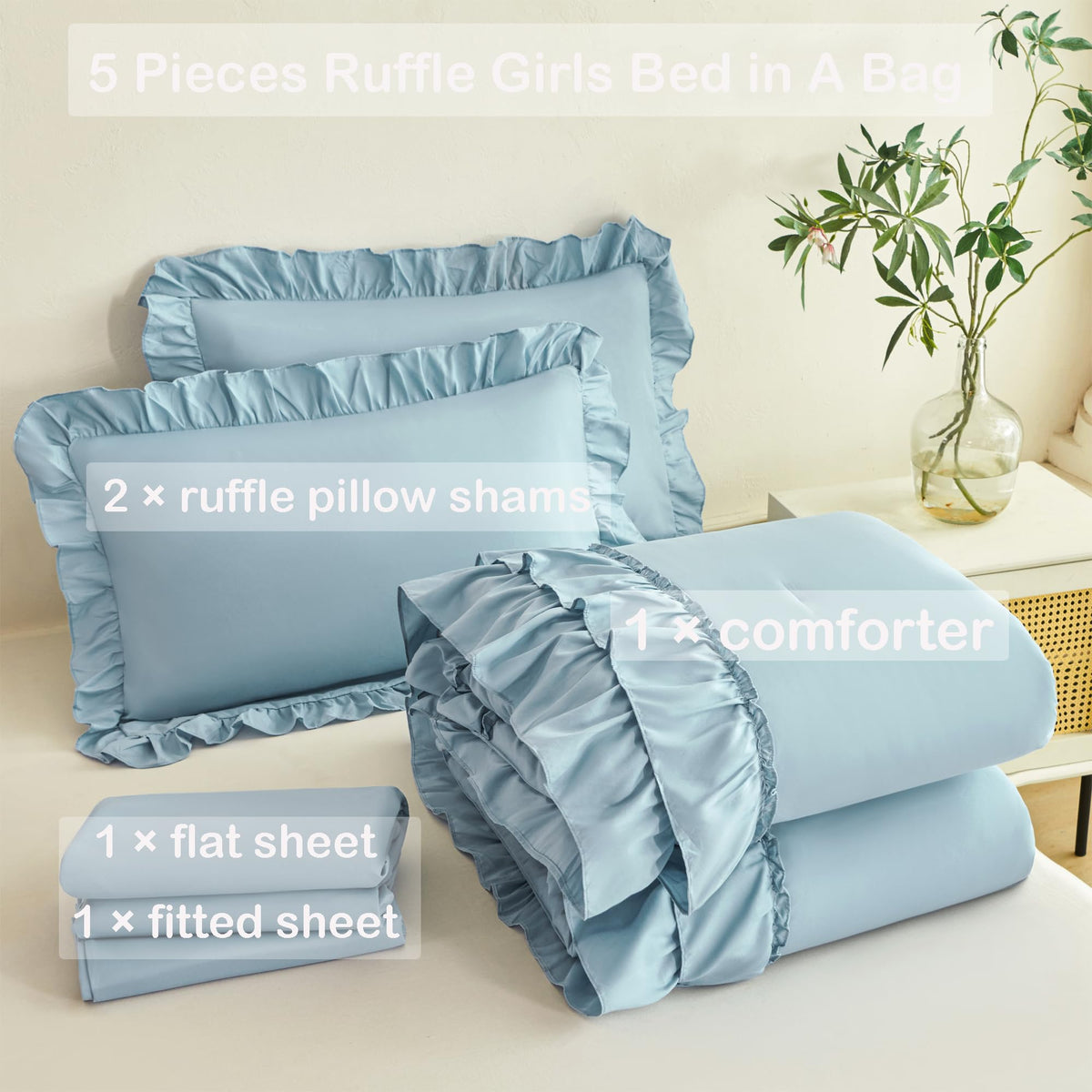 Comforter Set - 5 Pieces Ruffle Dusty Blue Bedding Sets