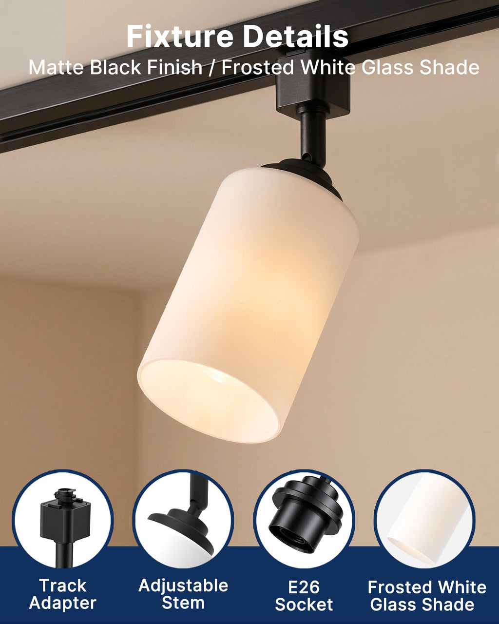 4 Pack H Type Track Lighting Heads, E26 Frosted Glass, Black