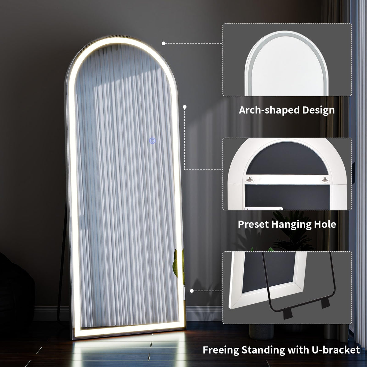 65"x26" LED Arched Mirror Full Length with Dimmable Lights