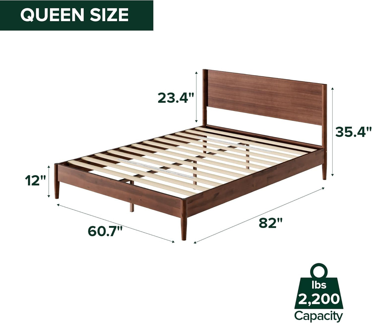 Mid-Century Modern Wood Platform Bed Frame with Headboard, Queen, Espresso
