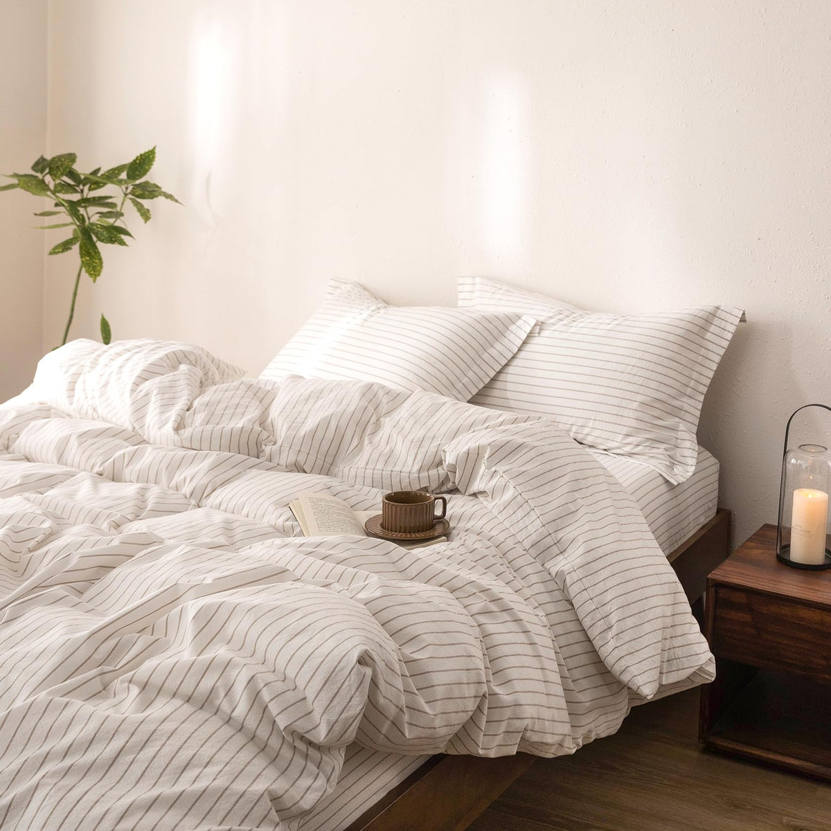 3Pcs Off White & Linen Grey Striped Duvet Cover Set