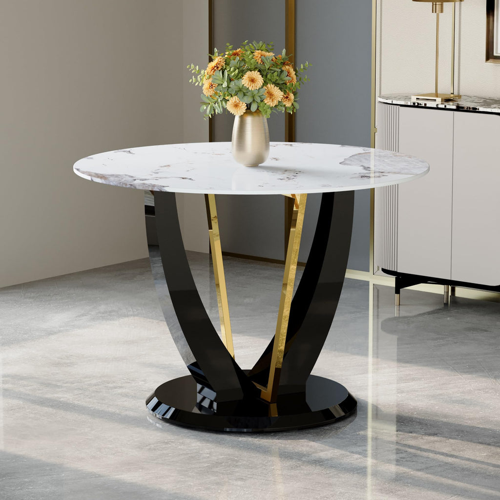 Inspired Saarinen Style 42 Inch Round Faux Marble Dining Table for 4, Modern Small Kitchen Table with Black Pedestal Base, Space Saving