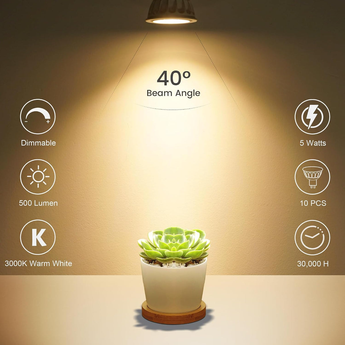 10 Pack Dimmable MR16 LED Bulbs, 12V 5W(50-Watt Equivalent), 3000K Warm White, GU5.3 Bi-Pin Base, 40-Degree