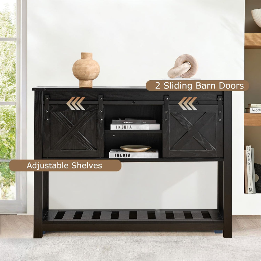 Farmhouse Entryway Table with Sliding Barn Doors, Wood Console Table with Storage Shelf, Rustic Sofa Table, Foyer