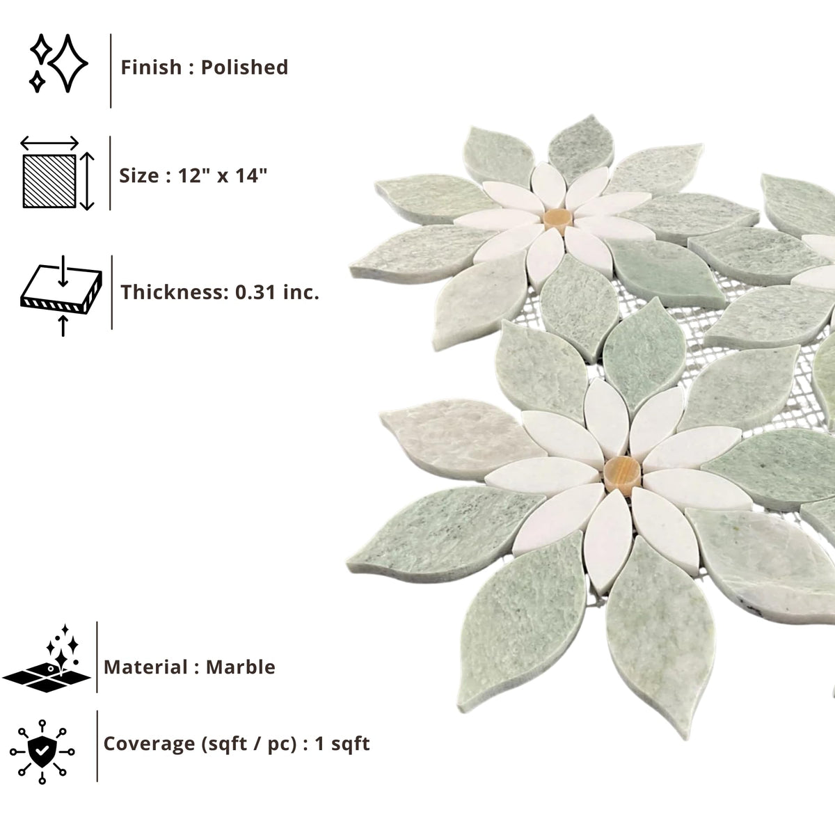 Ming Green Daisy Flower Marble Mosaic Tile 12x14 - Decorative Natural Stone Floral Tile Floor, Shower Wall, Kitchen