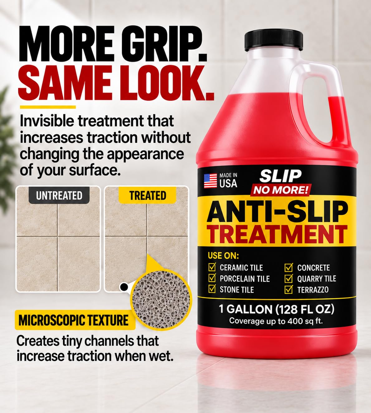 Anti Slip Tile Treatment (4 Gal) Non-Slip Floor Treatment for Grip on Stone, Porcelain & Ceramic. Indoor & Outdoor