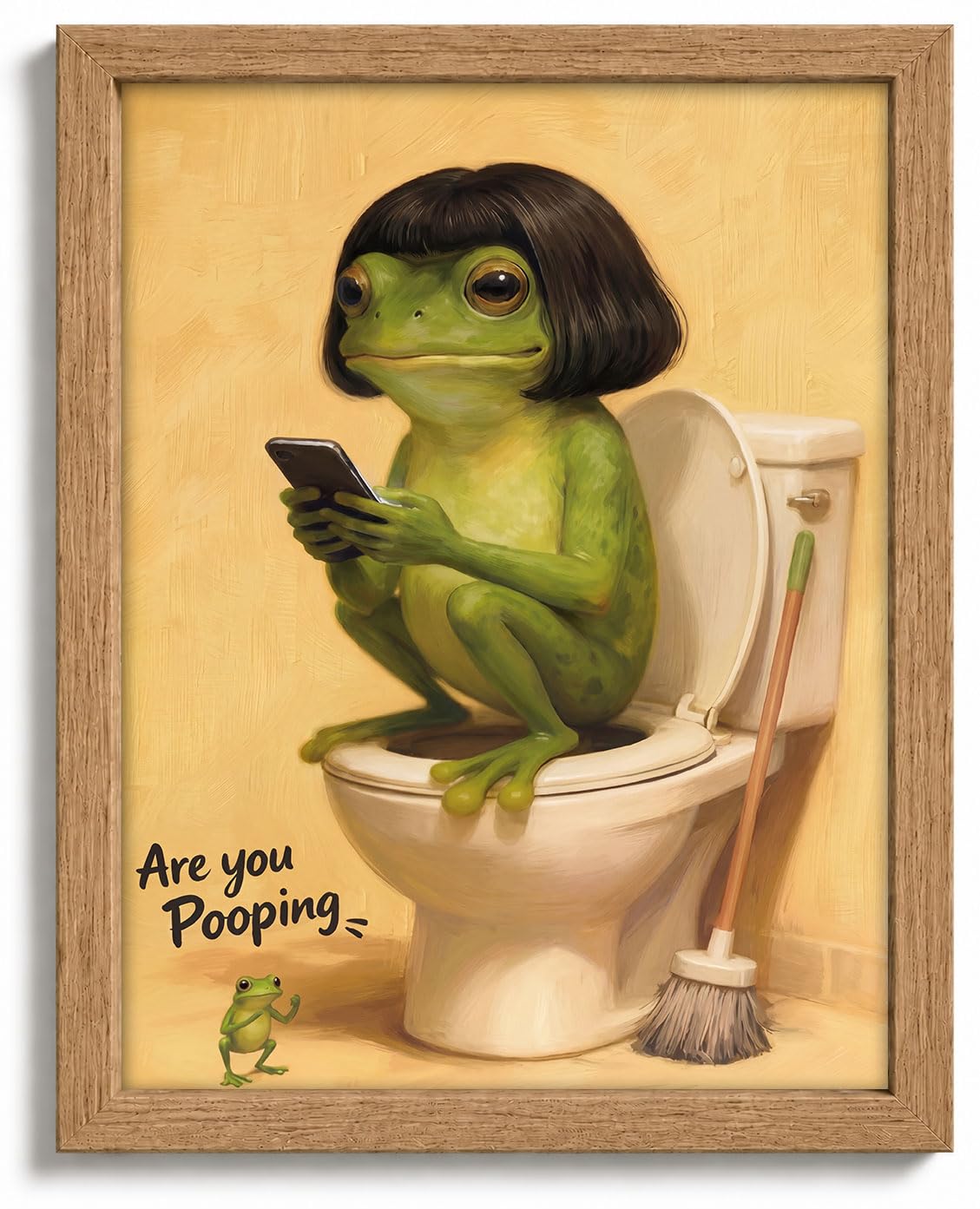 Framed Funny Bathroom Wall Art - Whimsical Retro Frog on Toilet Canvas Print, Humorous Animal Bathroom Decor - Easy