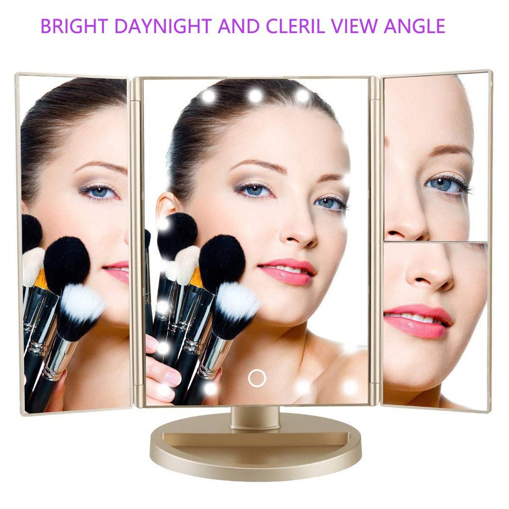 Floor Mount Tri-Fold Lighted Vanity Mirror with 21 LED Lights, Touch Screen and 3X/2X/1X Magnification, Two Power