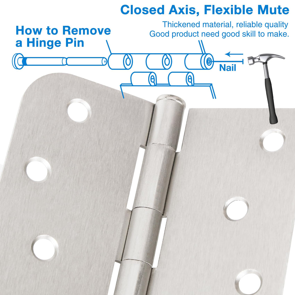12 Pack Brushed Nickel Door Hinges 4" Square Rounded & 5/8" Radius Corners