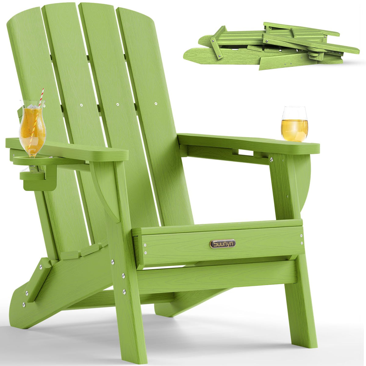 Folding Adirondack Chair, HDPE, 2 Cup Holders, Lime