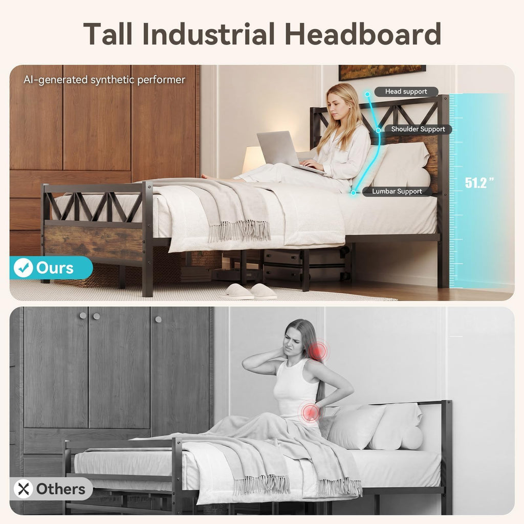 Bed Frame, 51.2" Tall Industrial Headboard, Rustic Brown