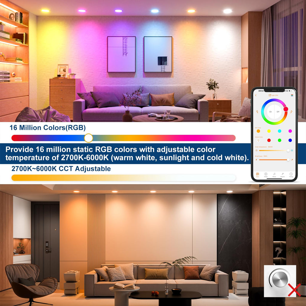 Smart Recessed Lighting 4 Inch RGBCW Color Changing 12W LED Downlight with Junction Box,1100 Lumen Recessed Ceiling