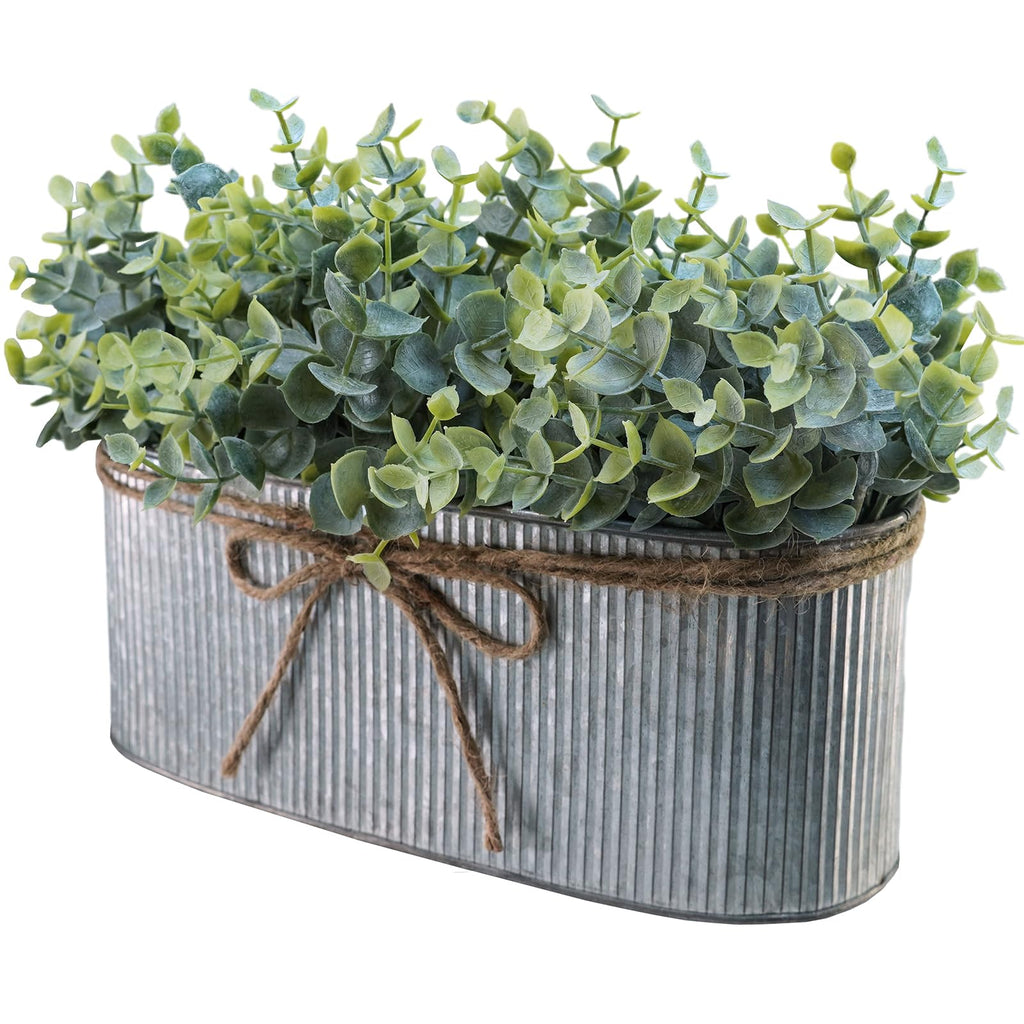 Artificial Eucalyptus Arrangement in Rustic Oval Galvanized Metal Planter Box Faux Eucalyptus Bush Greenery Potted