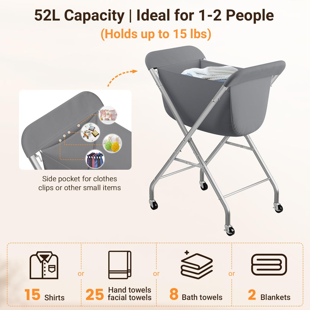 Laundry Basket with Wheels, Collapsible Laundry Hamper, Gray