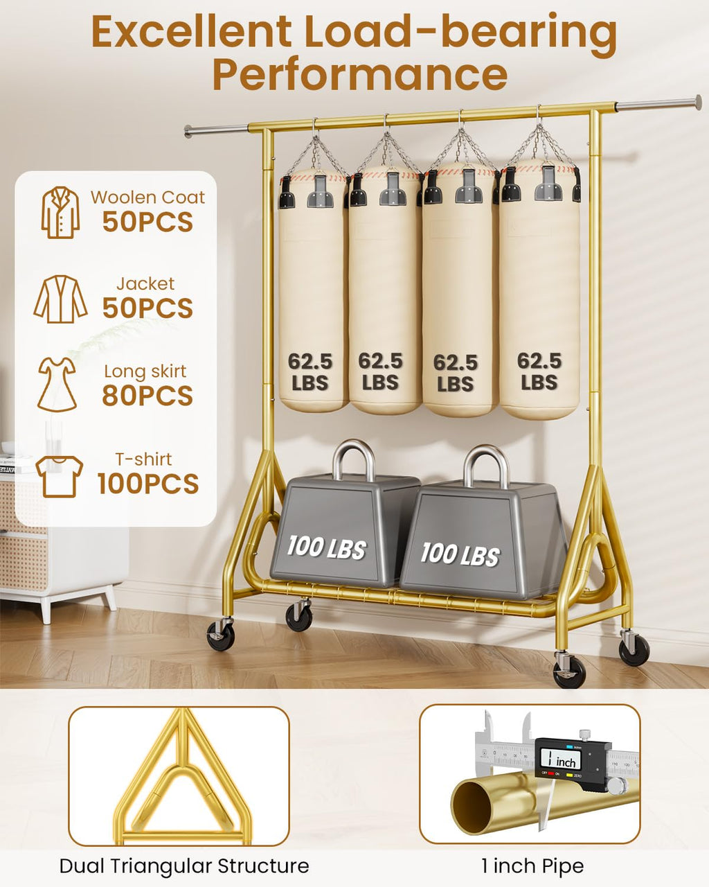 Heavy Duty Clothes Rack, Metal Clothing Rack Load 450 LBS, Rolling Coat Racks for Hanging Clothes with Lockable