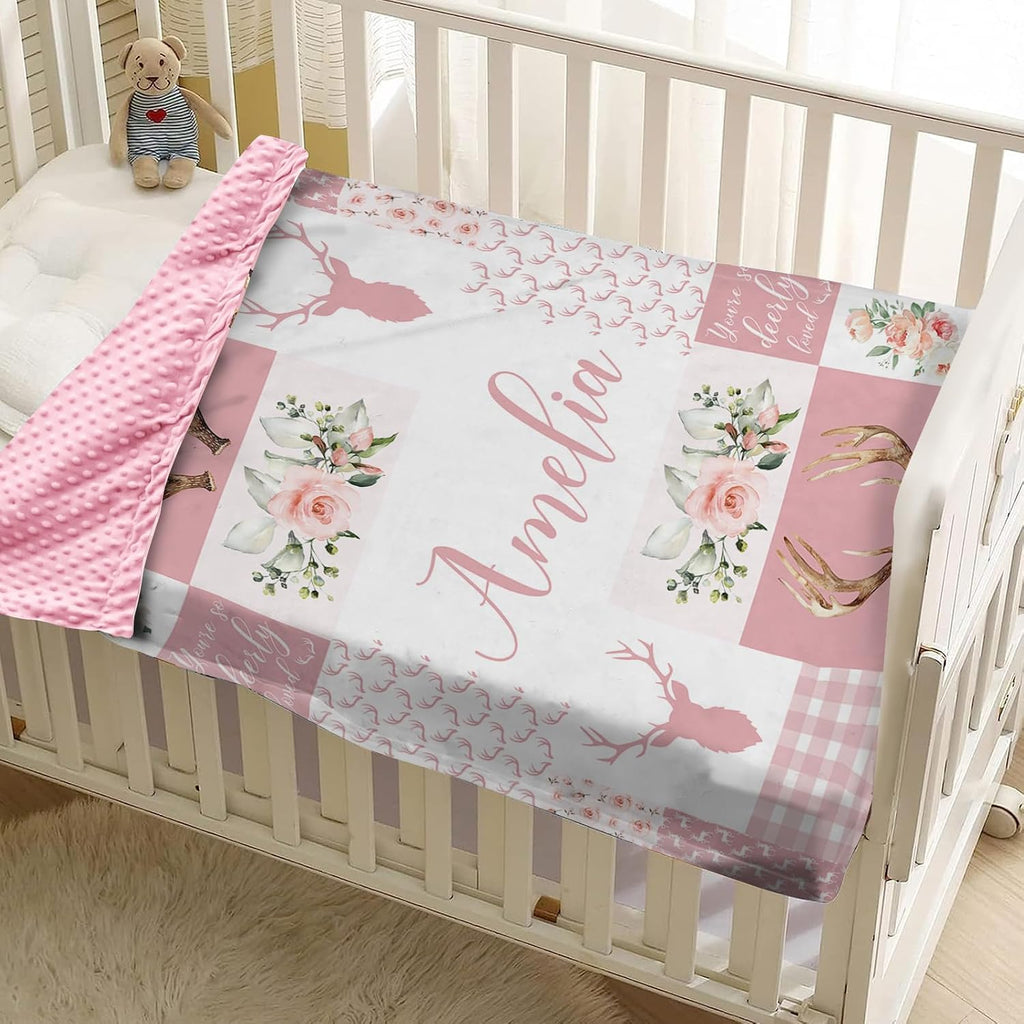 Blankets with Name - Custom Baby Girl Blanket with Pink Antlers Plaid Pattern - Soft Minky Dot Blanket for Crib