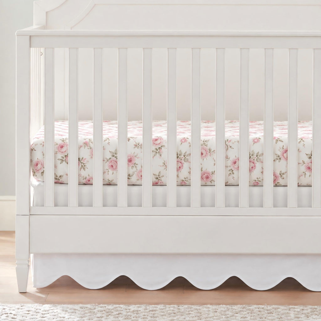 Scallop Edge Cotton Crib Skirt Toddler Bedskirt Baby Crib Bed Skirt for Girls, Boys, 4 Sided, Boho Neutral Solid