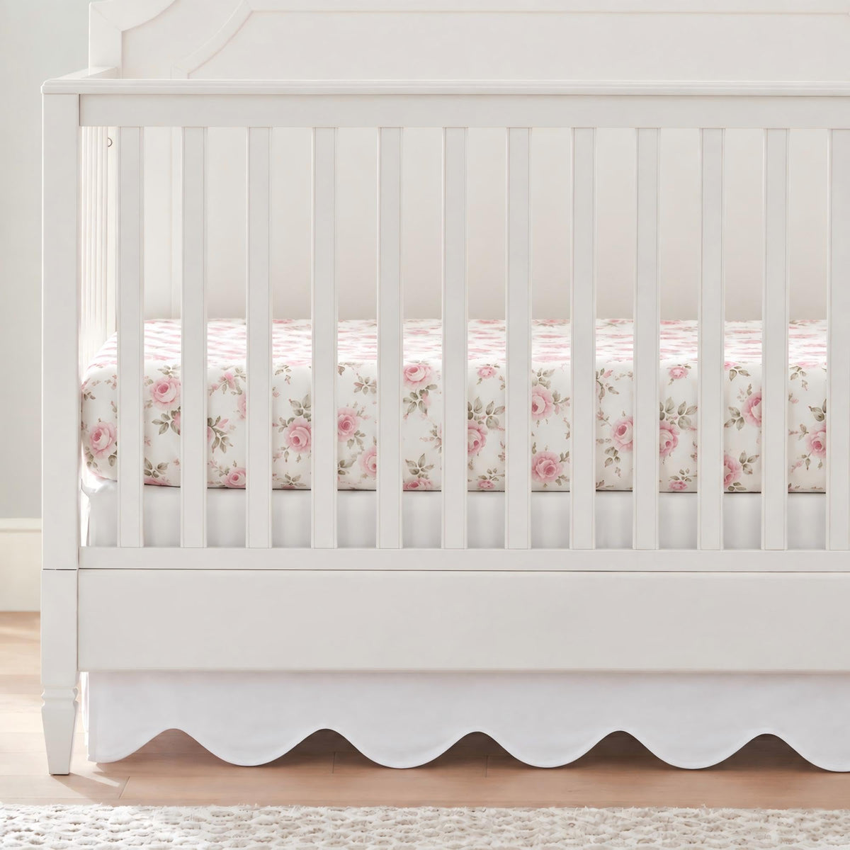 Scallop Edge Cotton Crib Skirt Toddler Bedskirt Baby Crib Bed Skirt for Girls, Boys, 4 Sided, Boho Neutral Solid