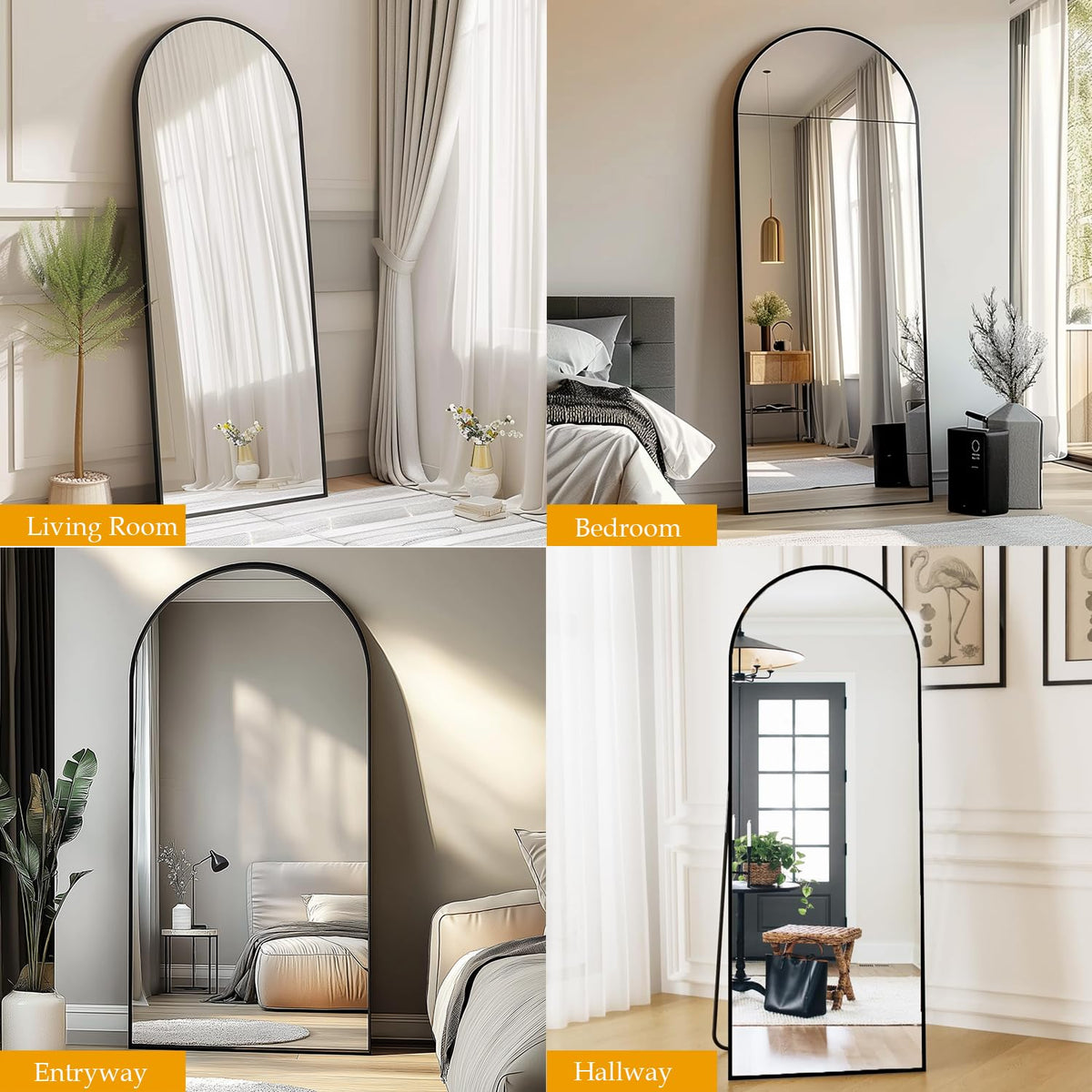 Mirror Full Length, 64"X21" Arched Floor Mirror, Black
