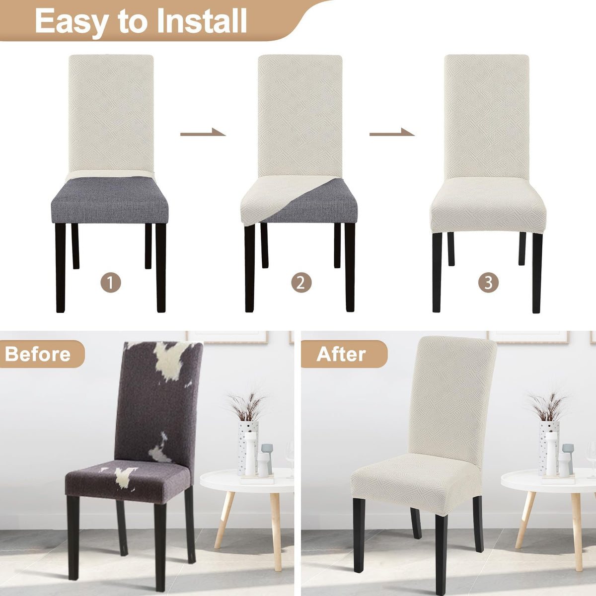 Waterproof Dining Room Chair Covers, Set of 4, Beige Rectangular