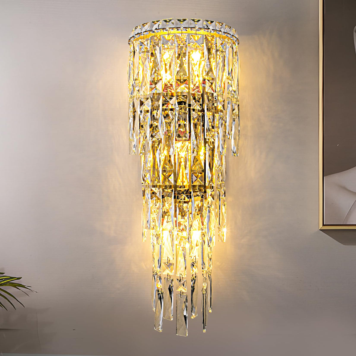 Modern K9 Crystal Wall Sconce,Gold Finish Wall Light Fixture Acrylic Crystal Drops Wall Lamp Bedside Light 3 Tiers