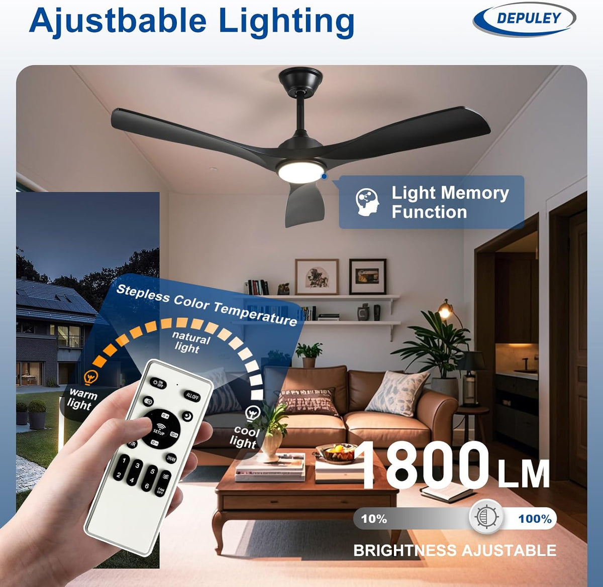 52" Black Indoor/Outdoor Ceiling Fan with Light & Remote