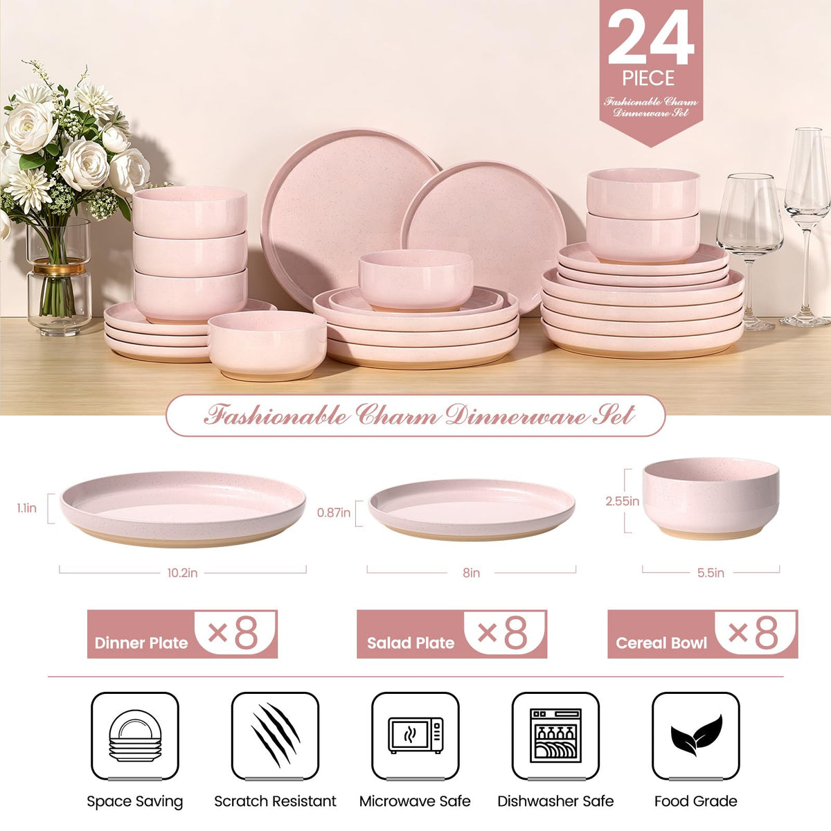 24-Piece Stoneware Dinnerware Set for 8, Plates and Bowls Set