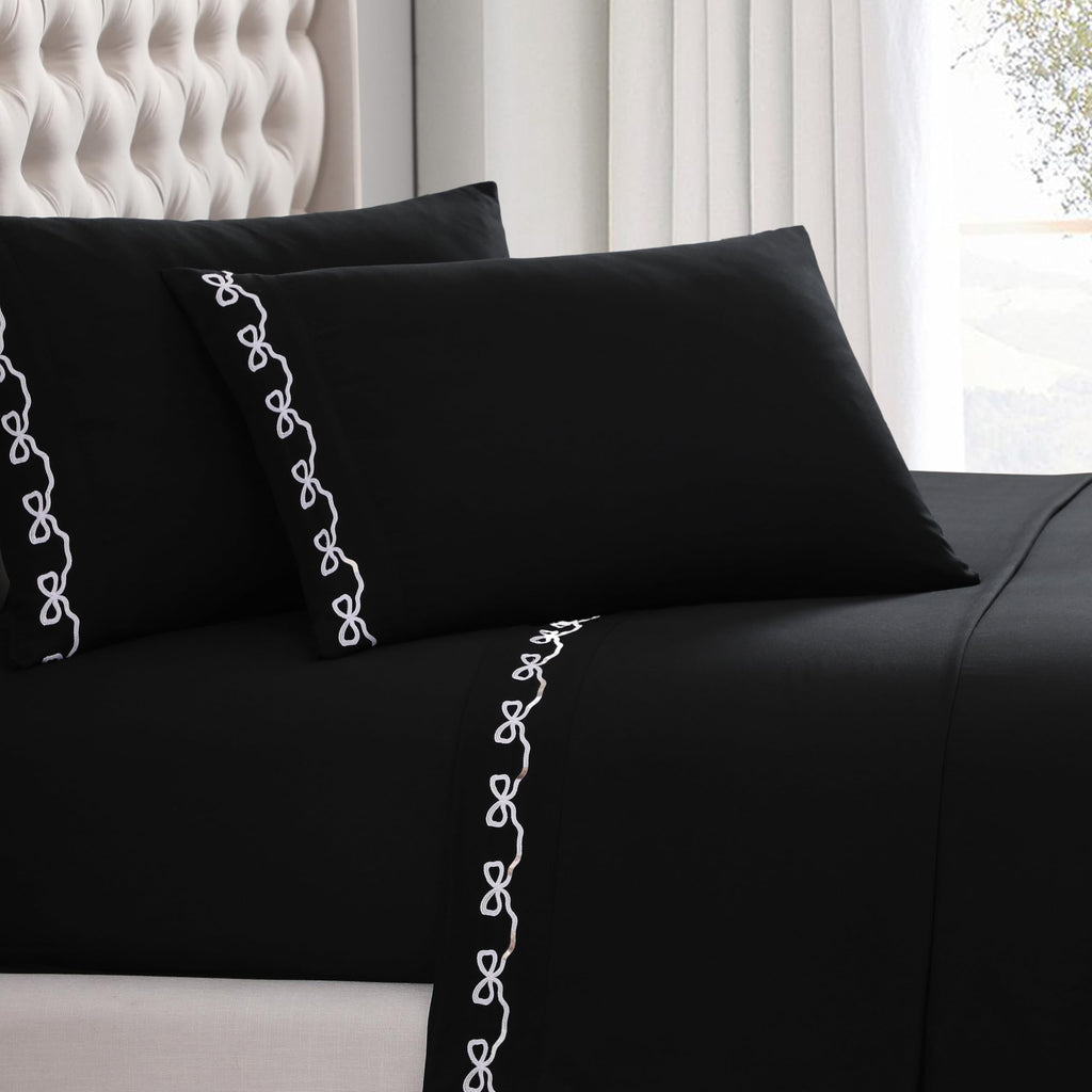 Embroidered 4-Piece Microfiber Sheet Set, Bow Black