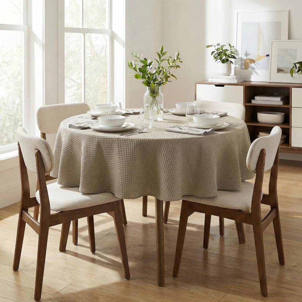 Round Tablecloth Waffle Textured Waterproof Table Cloth Stain Resistant Wrinkle Free Washable Decorative Table Cover