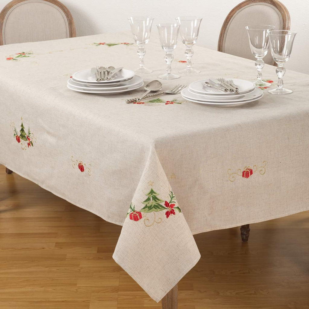 Embroidered Christmas Tree Design Linen Blend Tablecloth, Natural, 67" x 180"