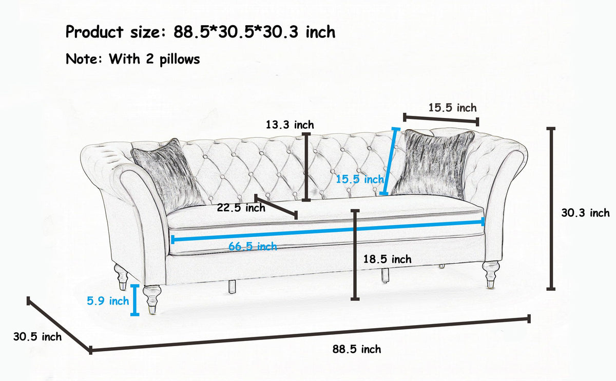 Black Chesterfield Sofa Set, 88.5" 3 Seater Couch