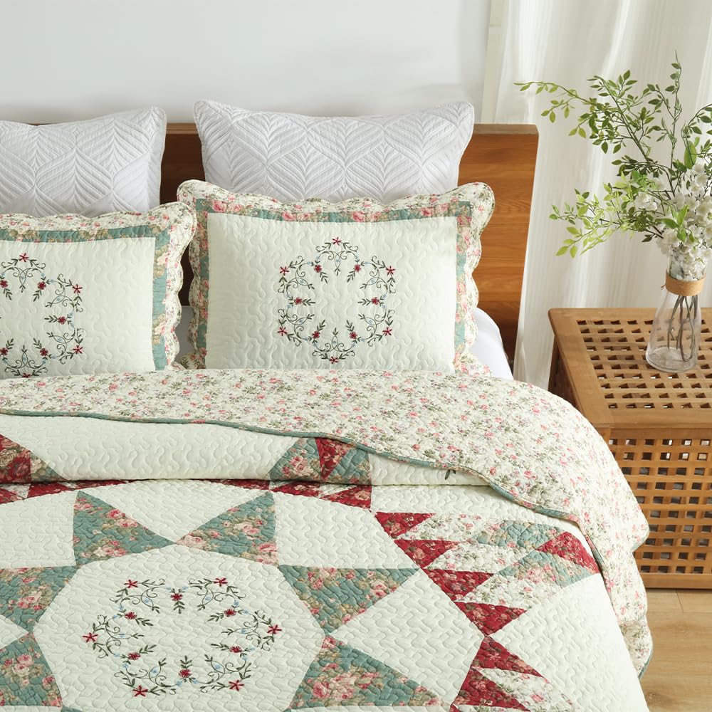 Cotton Bedspread Quilt Bedding Sets, 3 Pieces Reversible Coverlets Comforters Star with Green Floral Real Patchwork