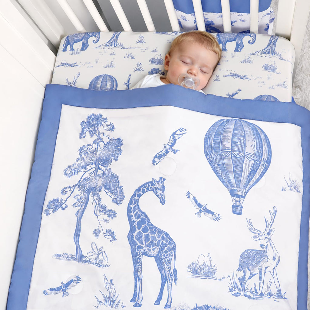 4-Piece Crib Bedding Set for Baby Boys, Blue Elephant Nursery Bedding Set Includes Comforter, Fitted Crib Sheet, Crib