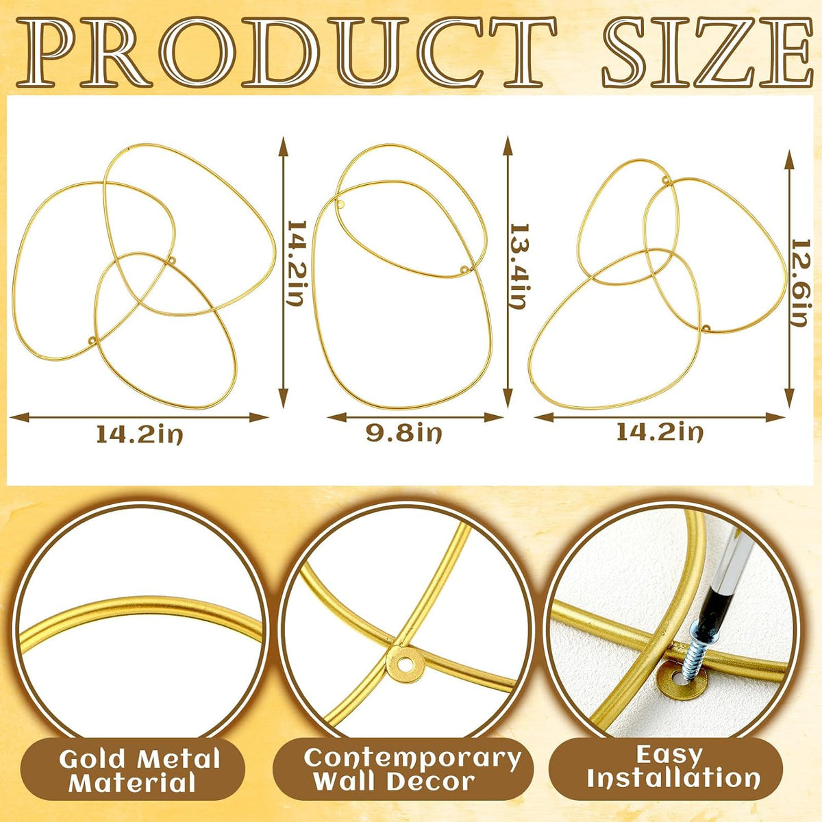 Interlocking Rings Wall Sculpture Gold Metal Home Wall Decor Abstract Aesthetic Gold Decoration for Art Bedroom - Set of 3