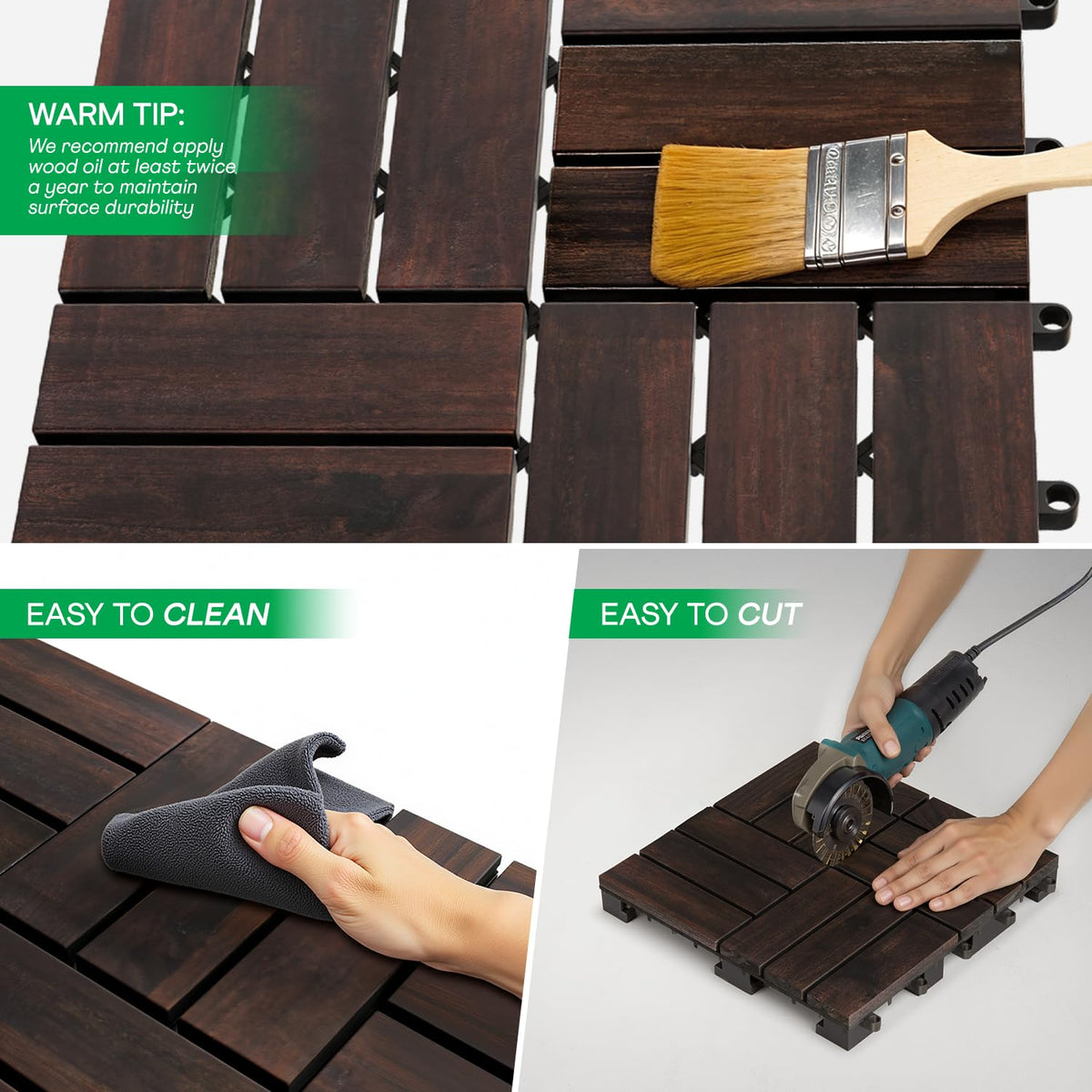 Interlocking Deck Tiles 9.6 SQFT - 10PCS Waterproof Acacia Wood Patio Tiles, Flooring Tiles for Indoor and Outdoor