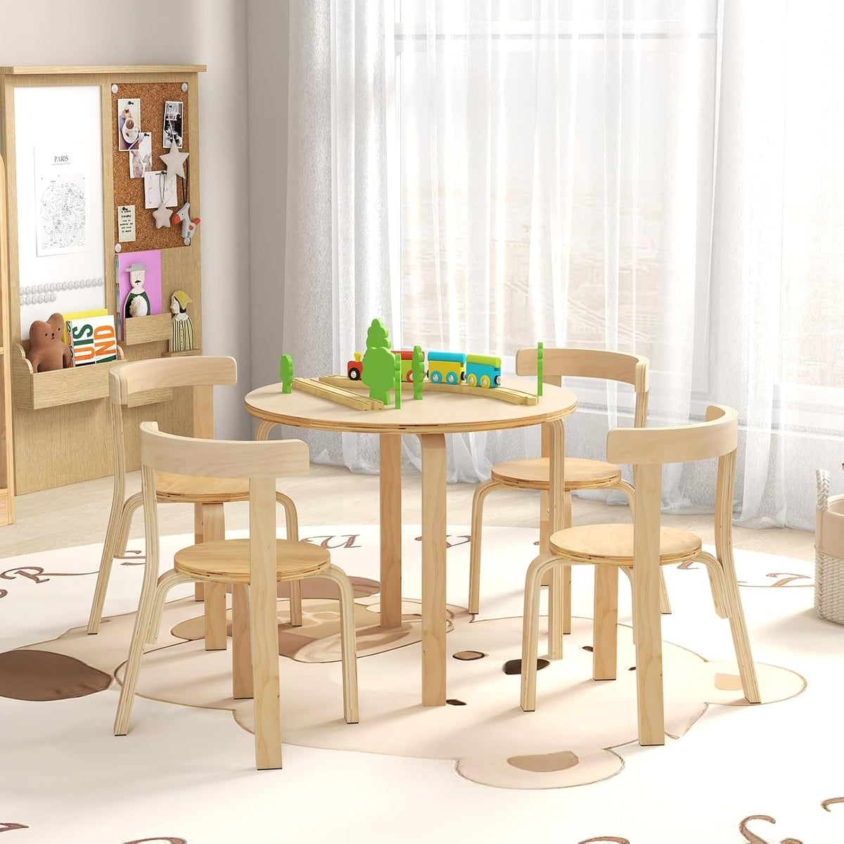 Kids Table and Chairs, Brich Round Toddler Table and Chair Set with Toy Bricks, Smooth Surfaces & Ergonomic Backrest