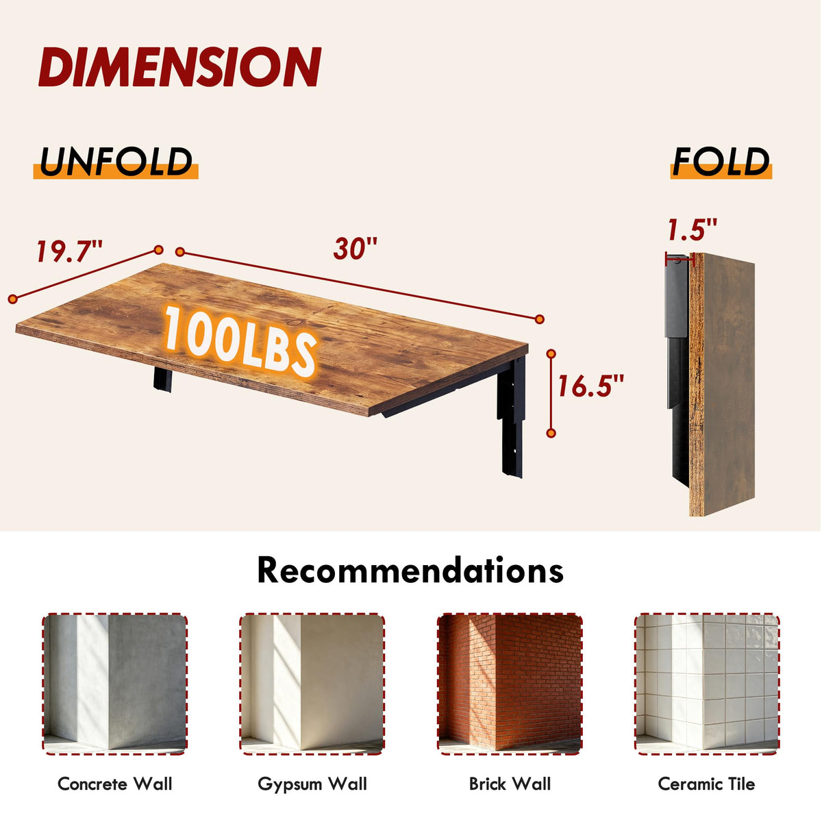 30x20IN Wall Mounted Folding Table Laundry Retro