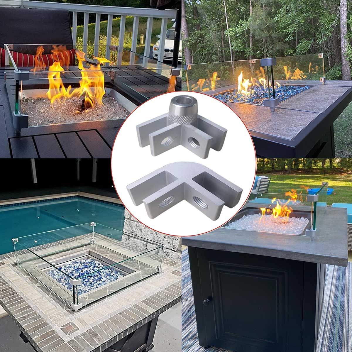 DIY Glass Flame Wind Guard Kit - 8pcs Fire Pit Parts With Corner Hardware Connectors for 5/16 Inch Thick Glass