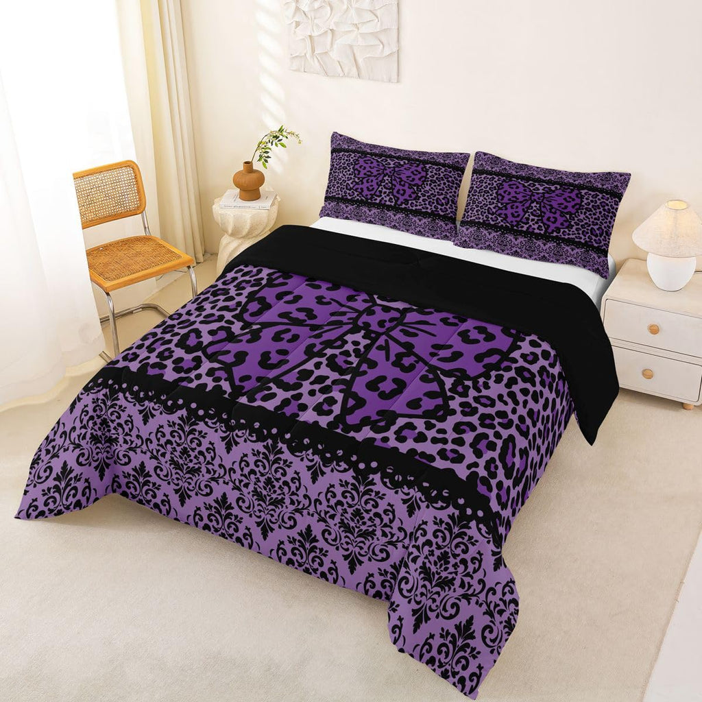 Black Purple Leopard Damask Bowknot Print Adults Comforter Set Full Size Gothic Antique Victorian Baroque Bedding Set