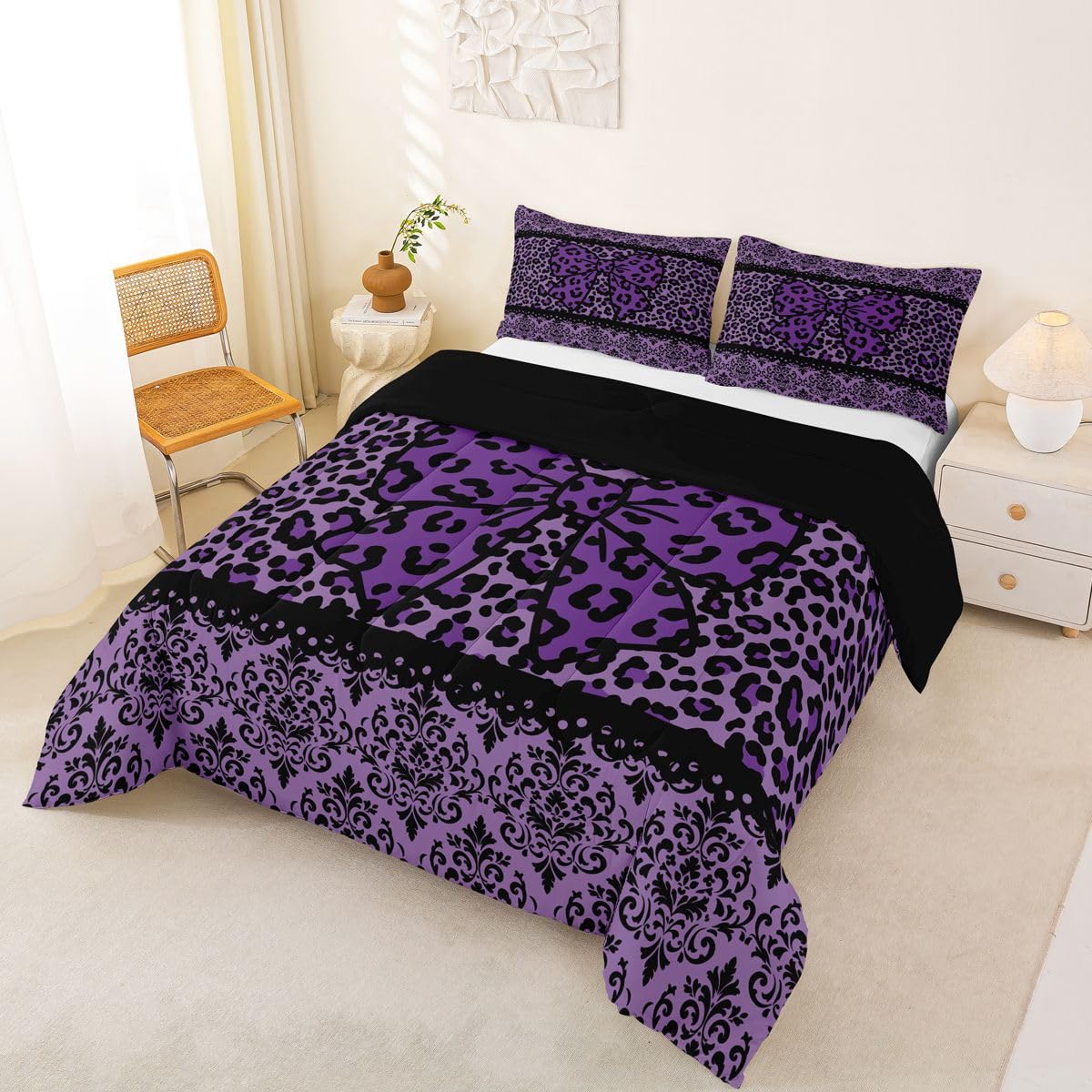 Black Purple Leopard Damask Bowknot Print Adults Comforter Set Full Size Gothic Antique Victorian Baroque Bedding Set
