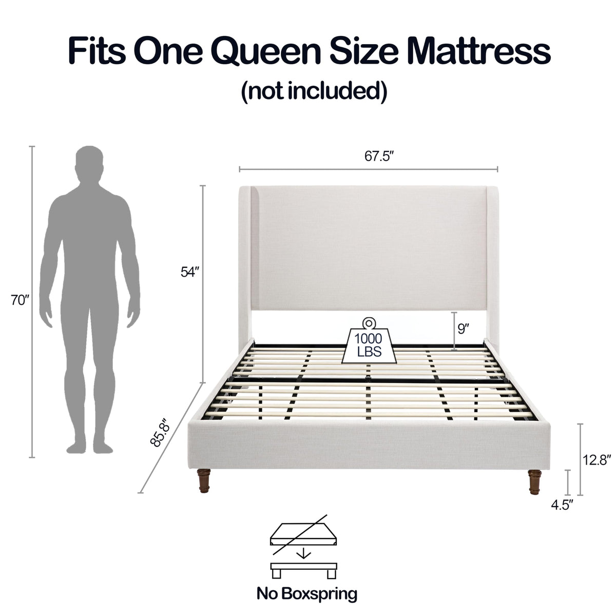 54" Tall Headboard Upholstered Platform Bed Frame with Wingback, Modern Farmhouse Tufted Fabric Bed with Solid