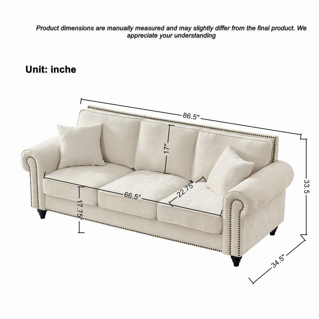 86.5" Chesterfield Sofa with Rolled Arms, Chenille Upholstered 3-Seater Couch with Wood Legs and Nailhead Trim