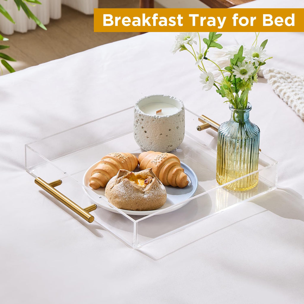 12"x12" Clear Acrylic Serving Tray with Golden Handles, Sturdy Huge Capacity Acrylic Trays for Coffee, Juice, Kitchen