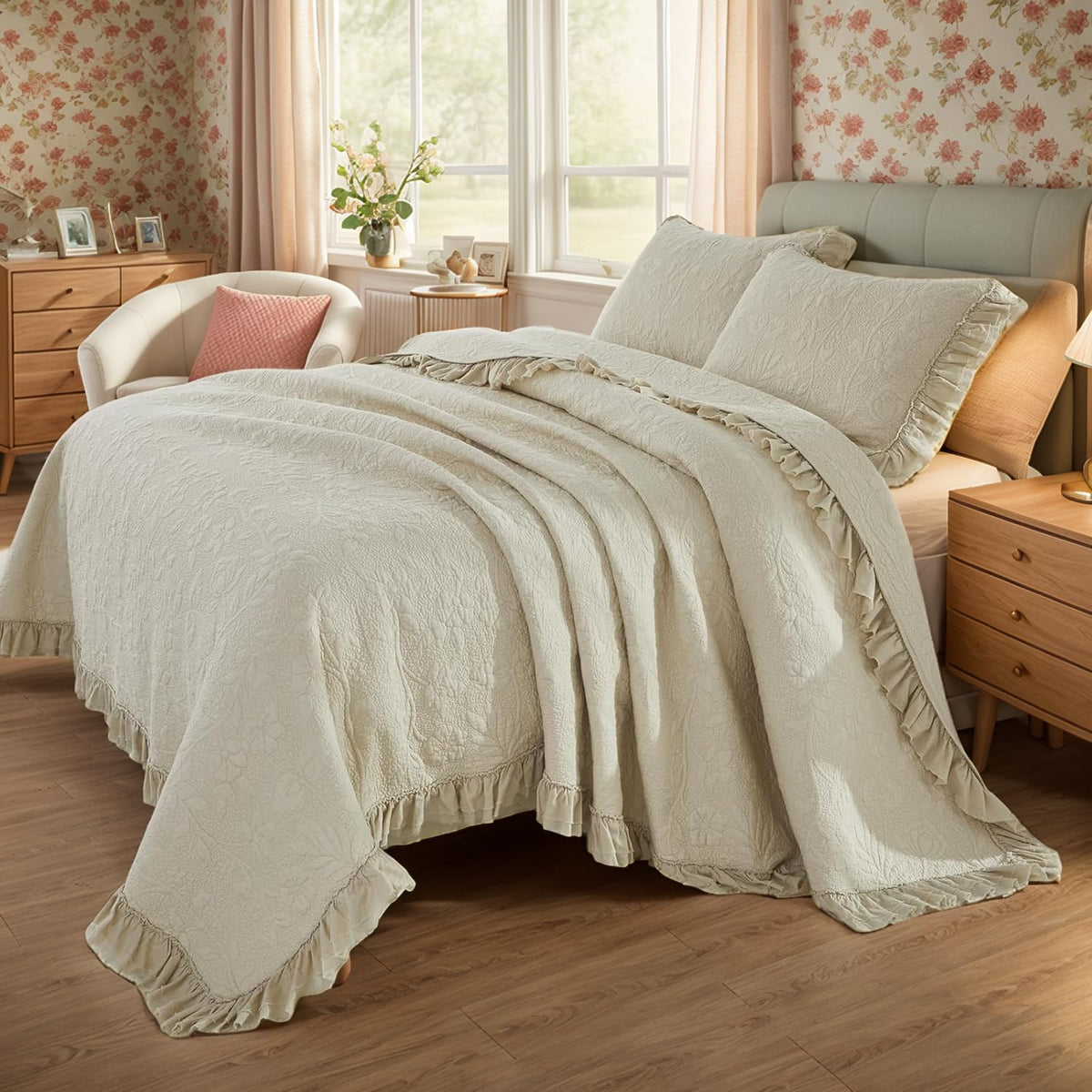 White Beige Quilt Set Queen Size Bedspreads Cotton Farmhouse Luxury Matelasse Bedding Ruffle Bedspread 3-Piece