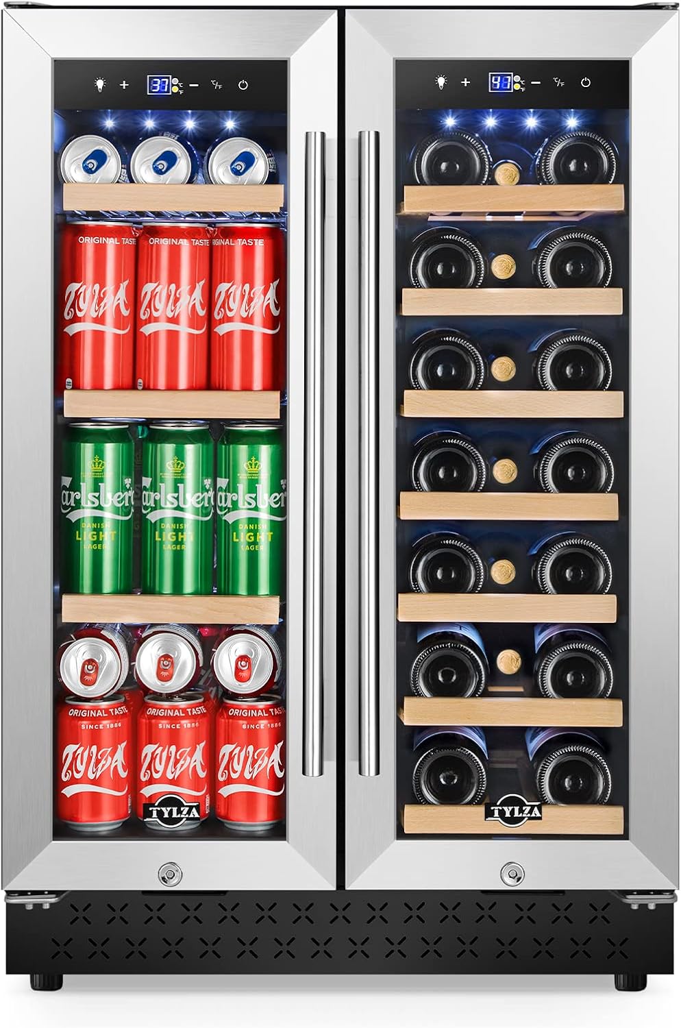 Upgraded Wine and Beverage Refrigerator 24 Inch, Dual Zone Wine Beverage Cooler with French Door