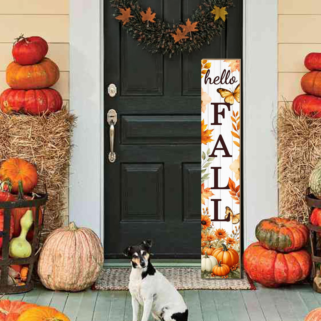 Hello Fall Porch Sign Autumn Pumpkin Maple Leaf Welcome Sign Vertical Standing Sign For Front Porch Decor Farmhouse
