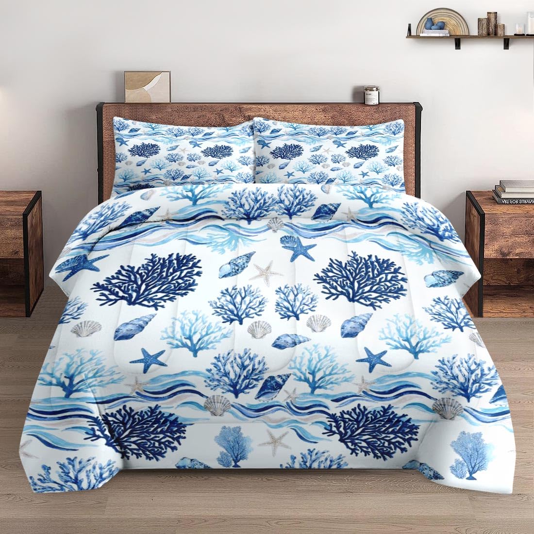 Comforter Set, 3 Pieces Coastal Ocean Bedding, All Season