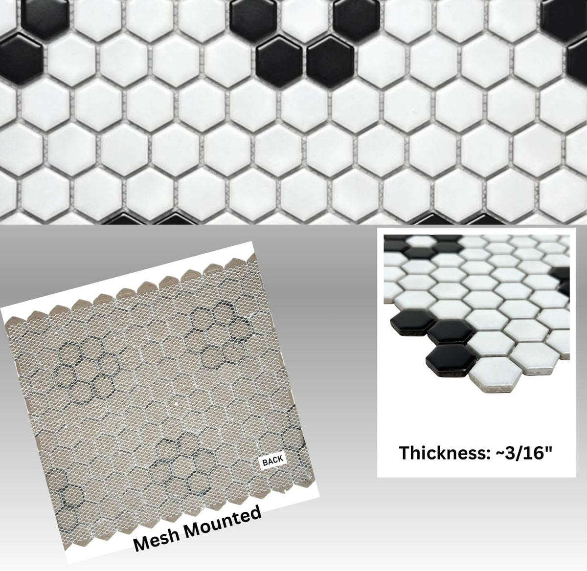Hexagon Matte White with Black Hexagon Flower Pattern Porcelain Mosaic Floor and Wall Tile Backsplash, Bathroom