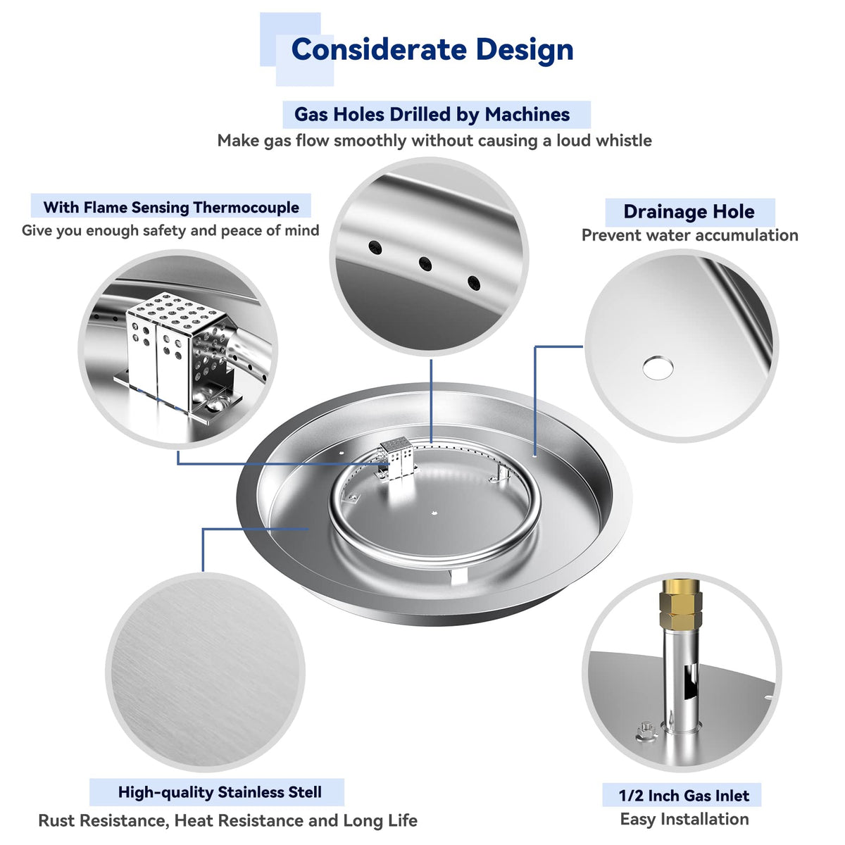 19-inch Round Stainless Steel Drop-in Fire Pit Burner Kit