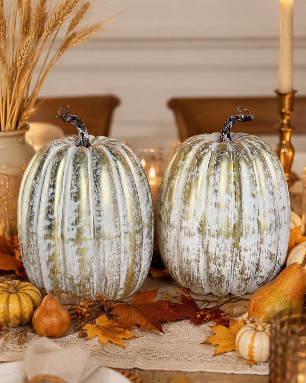 2 Pack 8 Inch Distressed Gold Artificial Pumpkins for Fall Decor